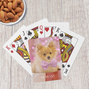 Dog With Pink Bow Tie or Your Photo, Name Playing Cards