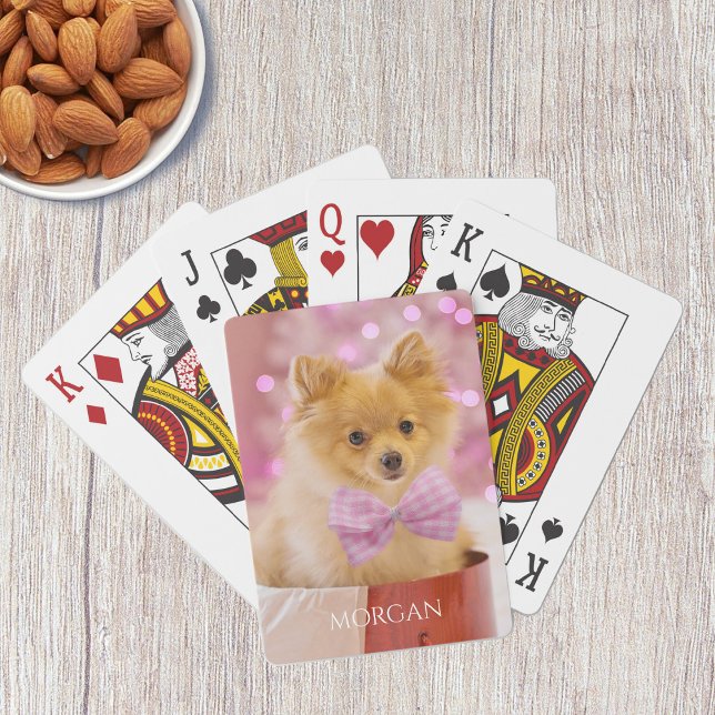 Dog With Pink Bow Tie or Your Photo, Name Playing Cards (Creator Uploaded)