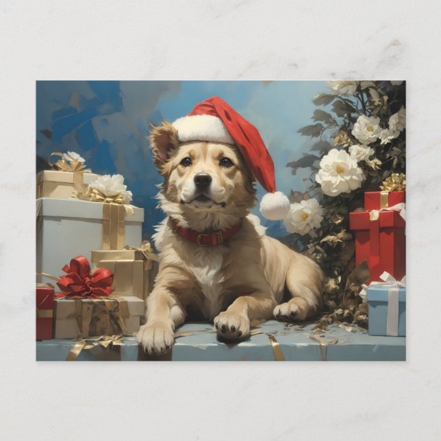 dog with santa hat and many gift boxes postcard (Front)