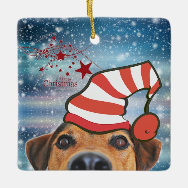 Dog with Santa Hat Ceramic Ornament (Front)