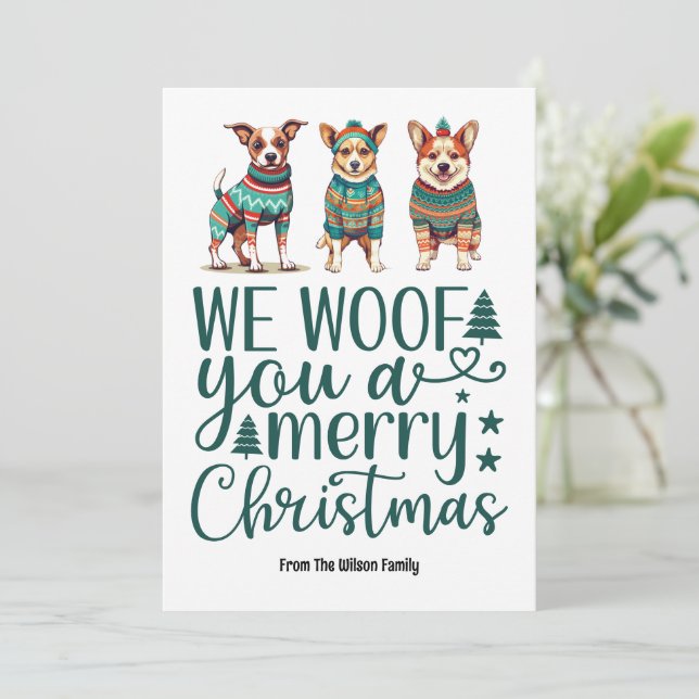 Dog with Sweater | We Woof You a Merry Christmas Holiday Card (Standing Front)