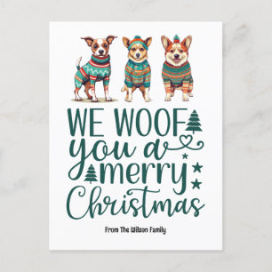 Dog with Sweater We Woof You a Merry Christmas Holiday Postcard