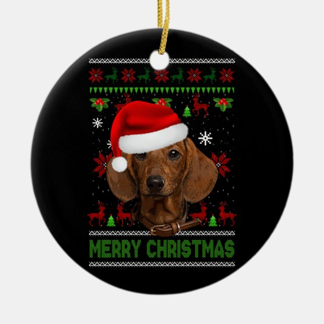 Dog Xmas Dachshund Wearing Santa Hat Ugly Christma Ceramic Tree Decoration (Front)