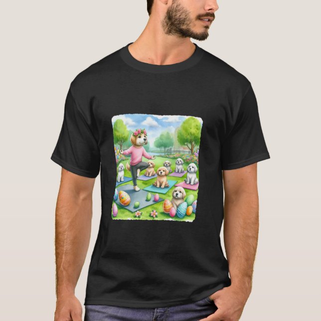 Dog Yoga Instructor Leads Class In Park. Puppies E T-Shirt (Front)