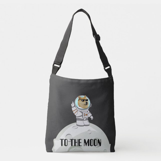 Dogecoin to the moon funny black astronaut dog crossbody bag (Front)