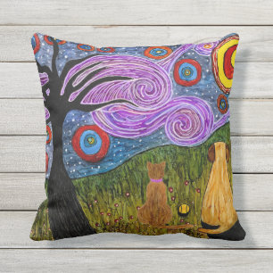 Doggie and Cat Starry Night Outdoor Pillow