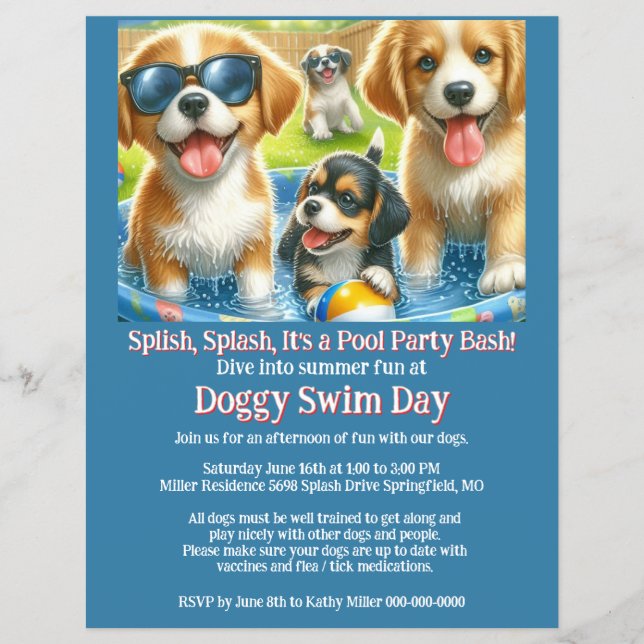 Doggy Swim Day Pool Party Invitation Flyer (Front)