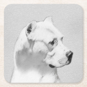 Dogo Argentino Painting - Original Dog Art Square Paper Coaster