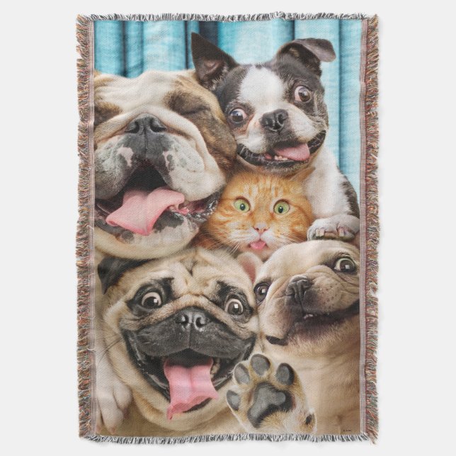 Dogs and a Cat Group Photo Throw Blanket (Front Vertical)