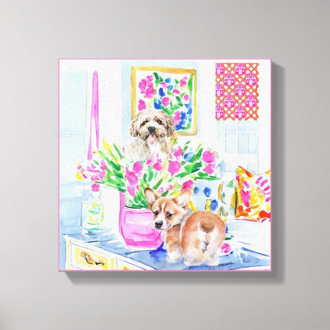 Dogs and bunch of tulips in preppy interior canvas print (Front)