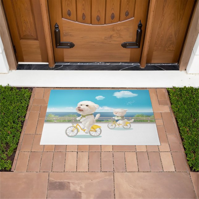 Dogs and Cats Biking by the Sea Doormat (Outdoor)