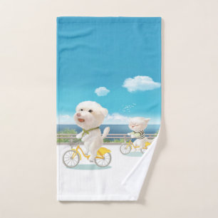 Dogs and Cats Biking by the Sea Hand Towel