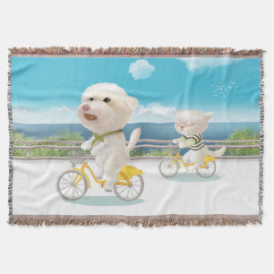 Dogs and Cats Biking by the Sea Throw Blanket