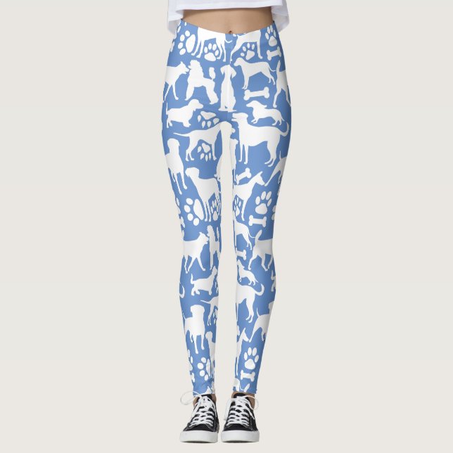 Dogs and paws pattern 02.b LBlue BG Leggings (Front)