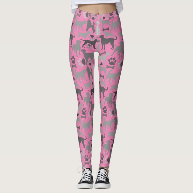 Dogs and paws pattern 03.b Pink BG Leggings (Front)
