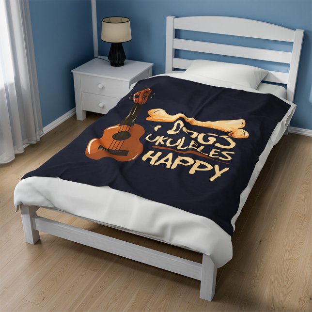 Dogs and Ukulele Makes Me Happy Housewarming Fleece Blanket (Dogs and Ukulele Musician Fleece Blanket)