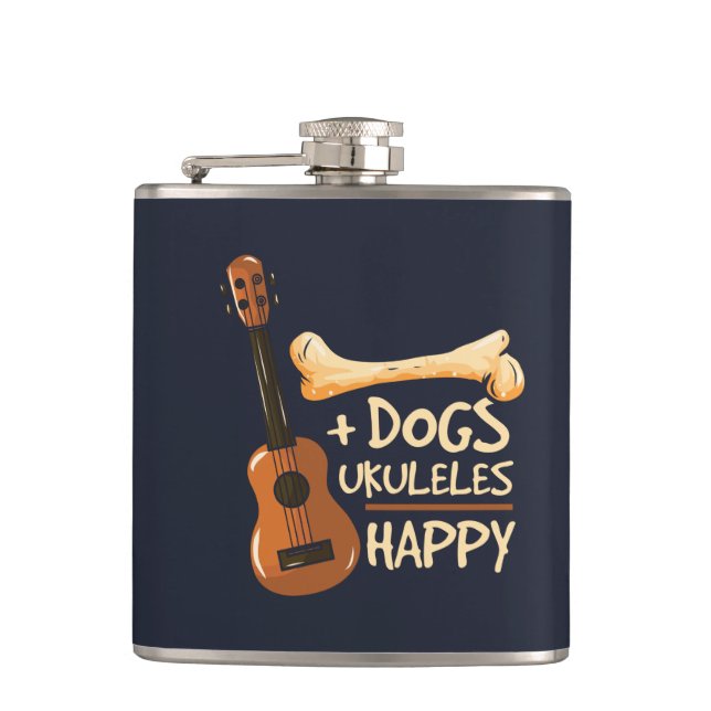 Dogs and Ukulele Makes Me Happy Novelty Hip Flask (Front)