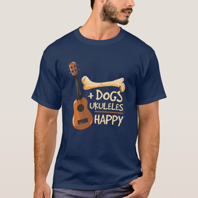 Dogs and Ukulele Makes Me Happy Novelty T-Shirt (Front)