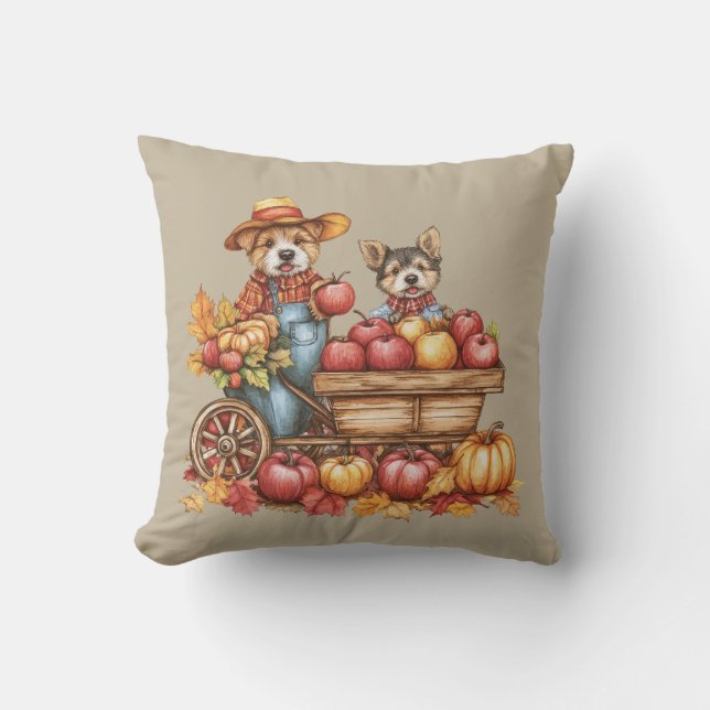 Dog's Autumn Applecart Throw Pillow (Front)