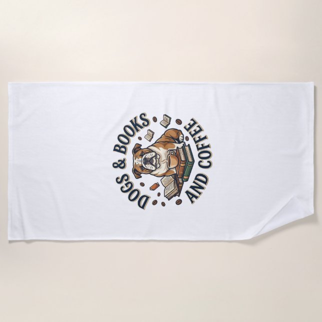 Dogs Books Coffee Bulldog Stack Cup_1 Beach Towel (Front)