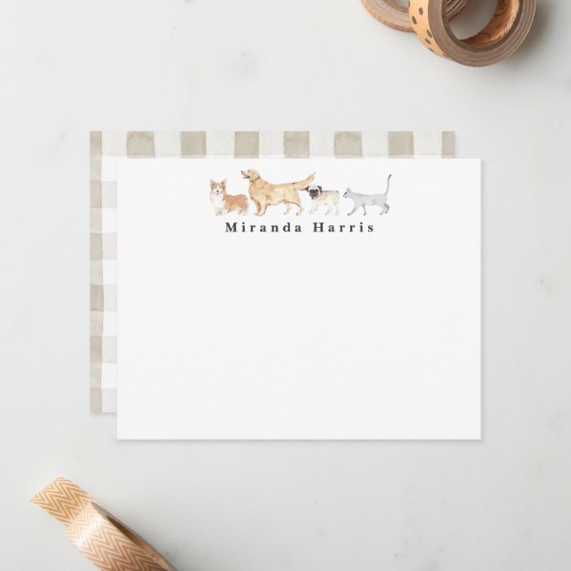 Dogs & Cat Personal Stationery Note Card (Front/Back In Situ)