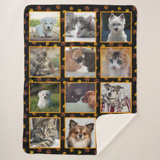 Dogs Cats Autumn Paw Prints Custom Photo Collage Sherpa Blanket (Front)