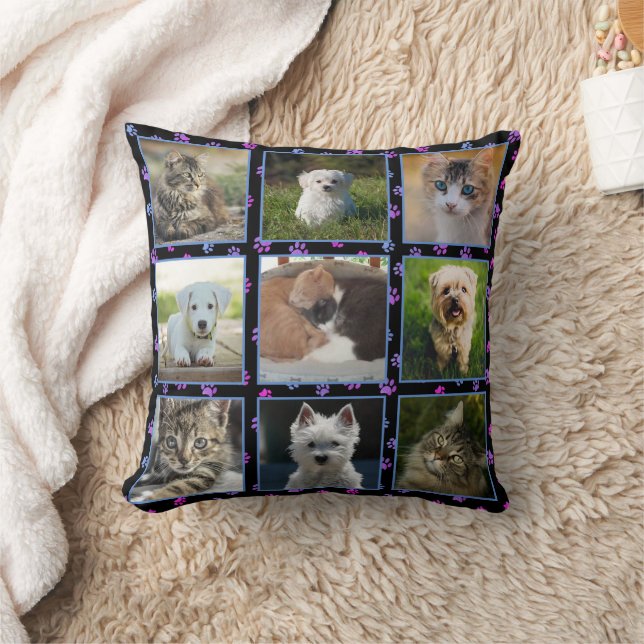 Dogs Cats Blue Purple Pink Paw Prints Pet Photos Cushion (Blanket)