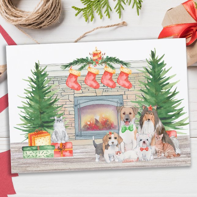 Dogs Cats Puppies Kittens Fireplace Christmas Holi Holiday Card (Creator Uploaded)