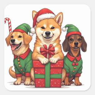 Dogs Celebrating Christmas With Wrapped Presents Square Sticker