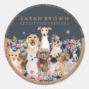 Dogs Drawing with Floral Frame Classic Round Sticker