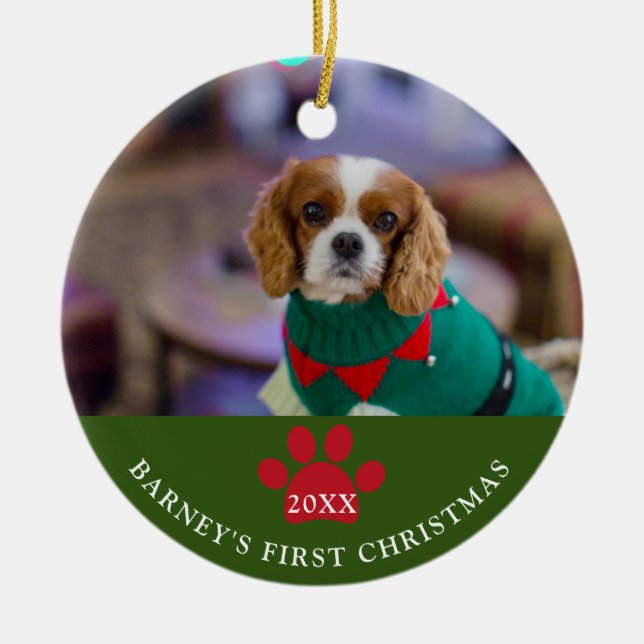 Dog's First Christmas Photo Green Ceramic Tree Decoration (Front)