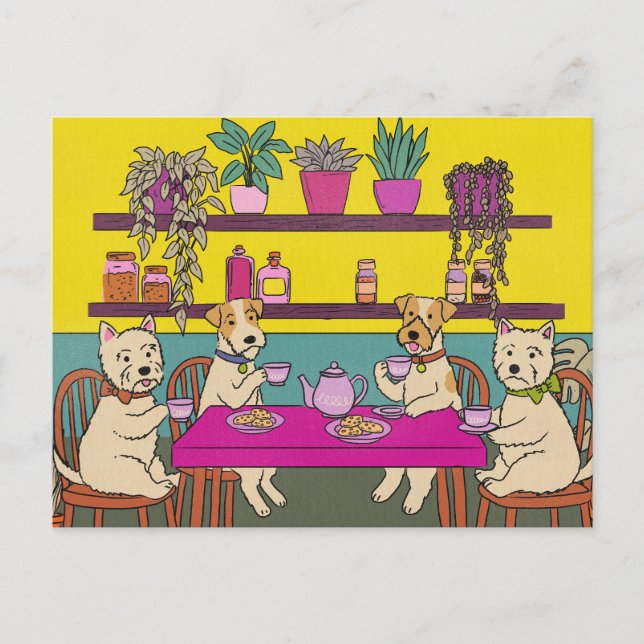 Dogs having afternoon tea announcement postcard (Front)