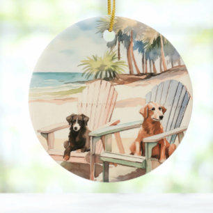 Dogs in Adirondack Chairs Pastel Beach Scene Ceramic Tree Decoration