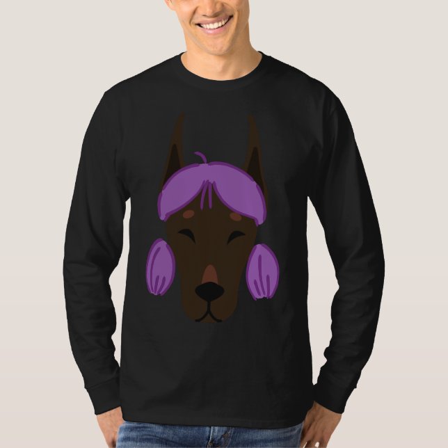 Dogs In Wigs Funny Purple Doberman T-Shirt (Front)