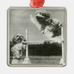 Dogs jumping over miniature high jump bar metal tree decoration