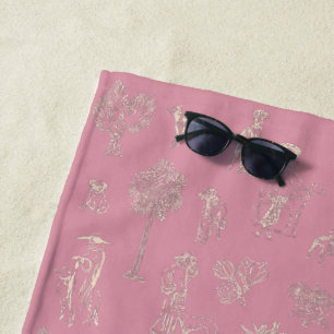 Dogs Lady Toile de Jouy Dark Pink Colour Beach Towel
