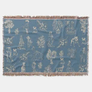 Dogs Lady Toile de Jouy Dark Turquoise Throw Blanket