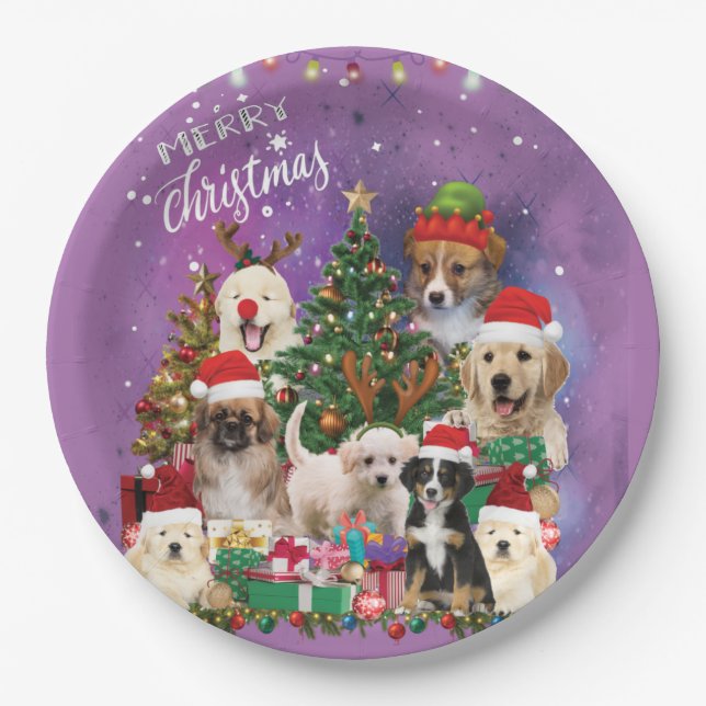 dogs Merry christmas Light Paper Plate (Front)