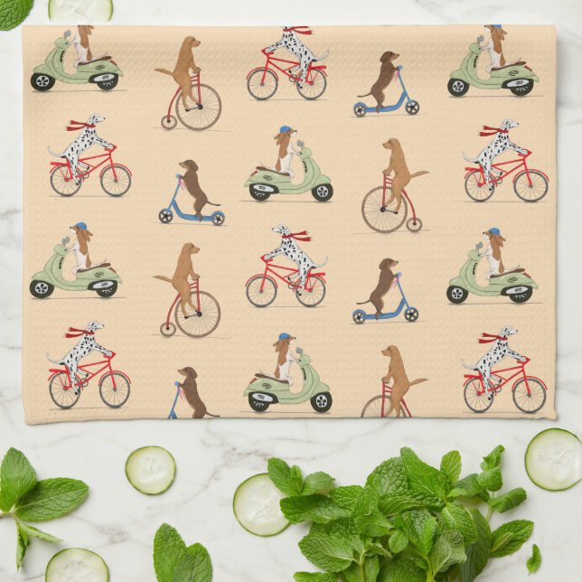 Dogs on Bikes and Scooters - Cream Tea Towel (Folded)