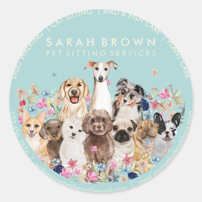Dogs on Floral Frame Classic Round Sticker (Front)
