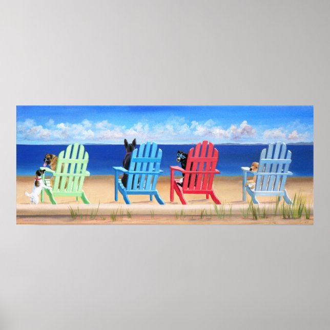 Dogs on Rainbow Adirondack Chairs at the Beach Poster (Front)