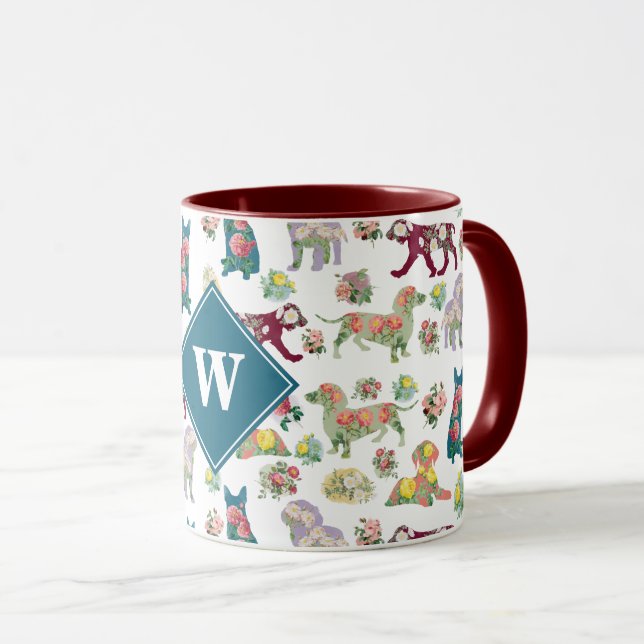 Dogs Pattern & Vintage Flowers Monogram Mug (Front Right)