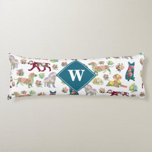 Dogs Pattern & Vintage Watercolor Flowers Monogram Body Cushion