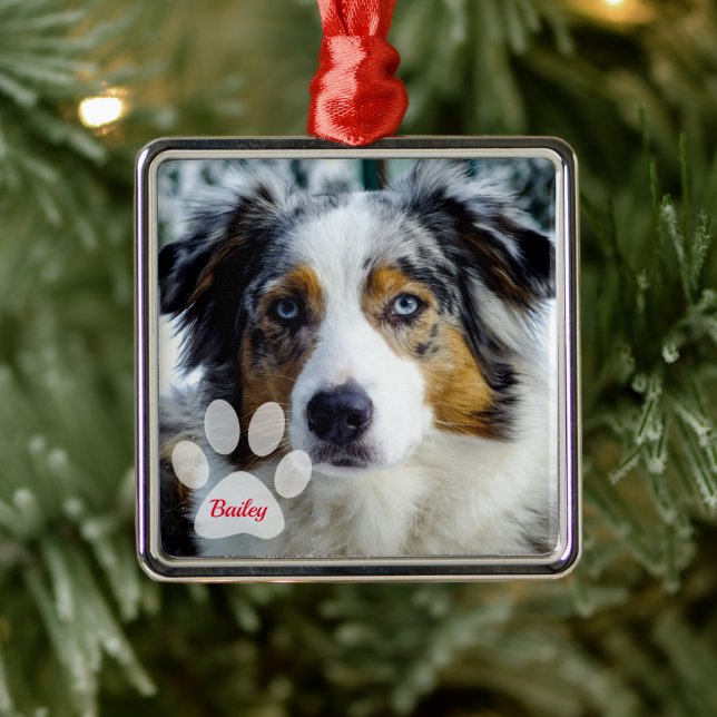 Dog's Photo and Name with Paw Print Christmas Metal Tree Decoration (Tree)