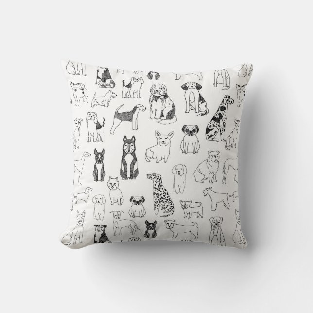 Dogs pillow - black and white hand-drawn dogs (Front)