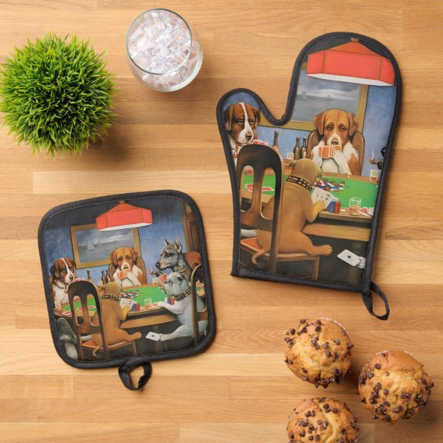 Dogs Playing Poker by Cassius Marcellus Coolidge's Oven Mitt & Pot Holder Set (Top Down)