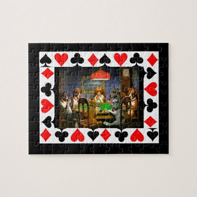 Dogs Playing Poker with Card Suits Border Jigsaw Puzzle (Horizontal)
