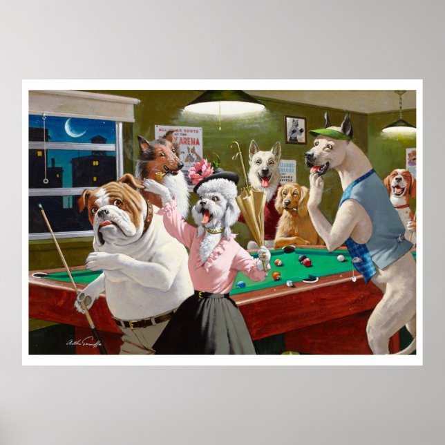 Dogs Playing Pool - Scratched at Dawn Poster (Front)