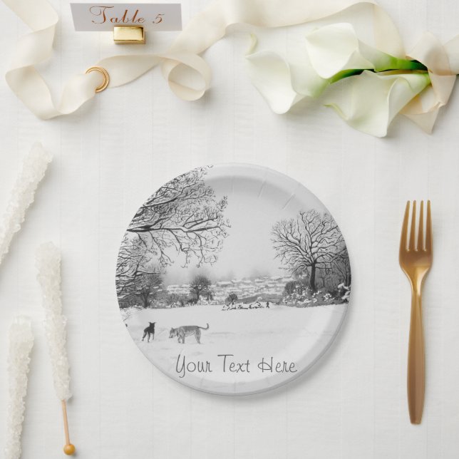 dogs playing snow scene landscape monochrome paper plate (Wedding)