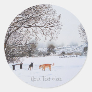 dogs playing winter snow scene landscape classic round sticker